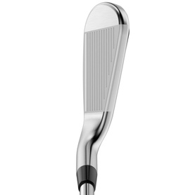Callaway set of irons golf club, polished silver head with grooved face and black hosel, side profile view