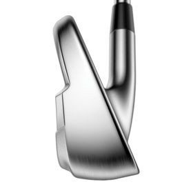 Callaway set of irons in polished silver finish, showing cavity back blade detail and angled hosel on white background