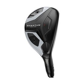 Cobra Quantum golf hybrid club in black and silver, featuring a sleek aerodynamic head with red detailing and matching shaft