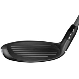 Black golf fairway wood club head shown at angle, featuring grooved face, adjustable hosel, and matte finish with silver sole detail