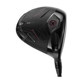 Callaway Quantum golf driver in black with red detailing, featuring aerodynamic crown design and adjustable hosel