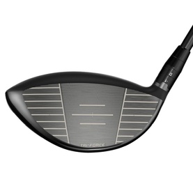 Callaway golf driver with dark grey clubface, TRUEForce face technology markings, and black hosel, shown at address angle.