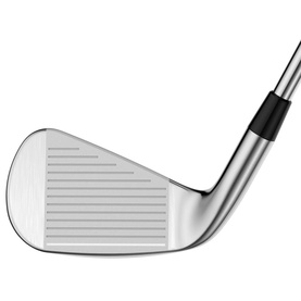 Polished silver golf iron head with horizontal grooved face and black hosel, angled view showing blade profile