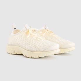 Nike trainers in muslin and pale ivory, knit upper, lace-up, chunky cream midsole, pair angled shot