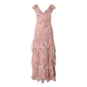 Rixo Butterfly Paisley Orange silk midi dress with V-neckline, cap sleeves, and tiered ruffle skirt