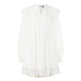 Rixo ivory mini dress with lace embroidery trim, wide ruffle collar, tassel tie neckline, and long sleeves in 100% cotton