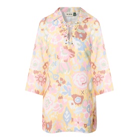 Rixo Bloom Yellow floral print linen-viscose dress with lace-up neckline and three-quarter flared sleeves