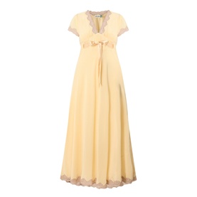 Rixo butter yellow silk maxi dress with V-neckline, short sleeves, lace trim hem, and bow detail at empire waist