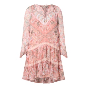 Rixo Cara Bandana Orange mini dress with long sleeves, lace trim inserts, tiered ruffle hem and paisley print in pink and coral tones.