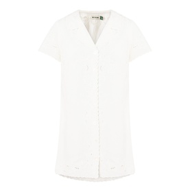 Rixo Zayanna Embroidered Mini Dress in ivory, V-neckline, short sleeves, button fastening, embroidered logo details, linen-viscose blend