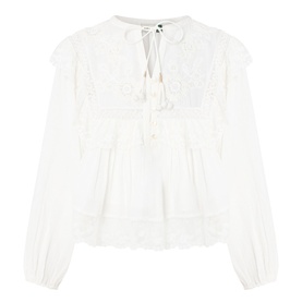 Rixo ivory cotton top with lace embroidery panel, tie neck, ruffle trim, and blouson sleeves