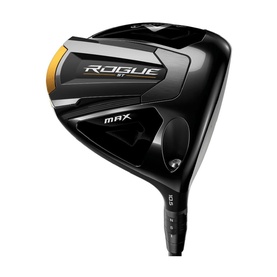 Callaway Rogue ST Max golf driver in black and gold, shown at address angle with graphite shaft