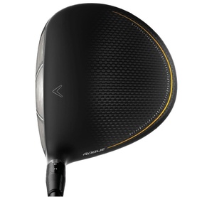 Callaway Rogue golf driver, black carbon fibre crown with gold trim detail and silver hosel, overhead face view