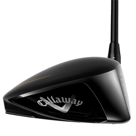 Callaway golf driver with black clubhead, gold accent detail, and dark graphite shaft, angled sole view