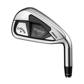 Callaway Rogue ST Max iron, silver with black face insert, shown in profile view highlighting the club head and hosel design.