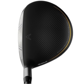 Callaway Rogue golf driver with black textured crown, gold trim detail, and grey shaft visible against white background