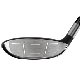 Silver and black golf fairway wood club head, close-up showing grooved face detail and hosel, angled view