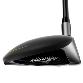 Callaway black golf fairway wood with gold accent detail, angled sole view showing branded crown and dark shaft