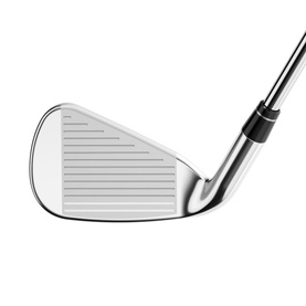 Polished silver golf iron with grooved clubface and stepped hosel, shown in upright address position against white background