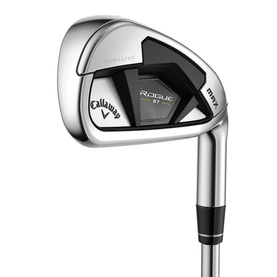 Callaway Rogue ST MAX irons in silver with black cavity back detail and graphite shaft grip visible