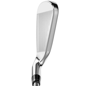 Silver golf iron with grooved face, shown from behind at an angle, highlighting the clean blade profile and chrome finish