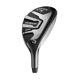 Callaway Rogue ST Max 3 rescue hybrid golf club in black and gold, angled head view showing crown and face detail