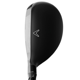 Callaway Rescue hybrid golf club, black crown with silver chevron logo and chrome face, angled sole view