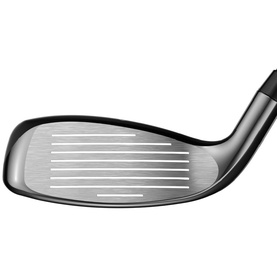 Callaway rescue club close-up showing silver grooved face with black crown and hosel detail