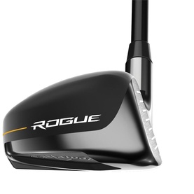 Callaway Rogue rescue golf club, black crown with gold accent stripe and silver face insert, angled sole view