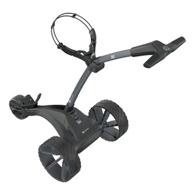 Motocaddy electric golf caddy car in Graphite, three-wheeled with ergonomic handle and all-terrain black wheels