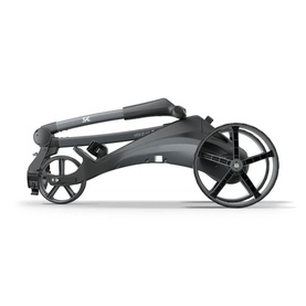 Motocaddy Caddy Car in Graphite, shown folded flat with large spoke wheels and compact frame for easy storage