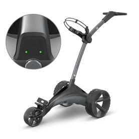 Motocaddy electric golf trolley in graphite, three-wheeled with ergonomic handle, inset detail showing green indicator lights on control panel.
