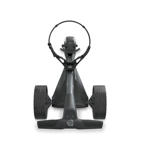 Motocaddy electric golf caddy car in graphite, front-facing view showing two large wheels and umbrella holder attachment.