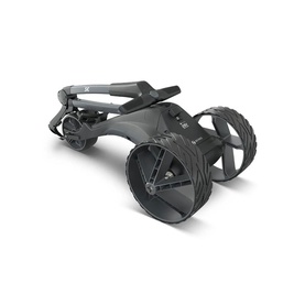 Motocaddy Caddy Car in Graphite, shown folded with large treaded wheels and compact frame for easy storage and transport