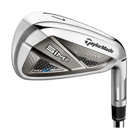 TaylorMade SIM2 Max iron with chrome finish, wide sole, and graphite shaft visible against white background