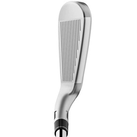 Silver golf iron club head shown from the toe angle, with grooved face and chrome finish visible