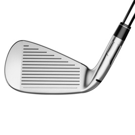 Polished silver golf iron with wide grooved face and black hosel, angled product view on white background