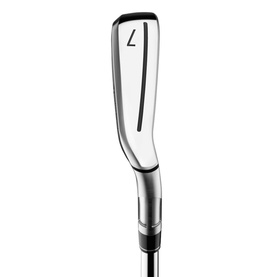 Silver and black golf iron, number 7, with sleek tapered hosel and narrow sole, shown from face-on angle against white background