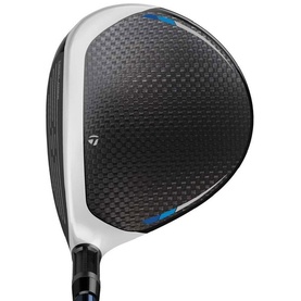 TaylorMade golf fairway wood with carbon fibre crown, white and black finish, and blue accent detailing on hosel