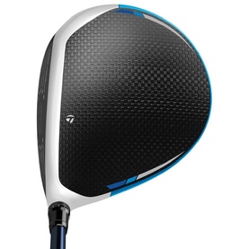 TaylorMade golf driver head in white and silver with black carbon crown, blue accent detailing and blue shaft visible