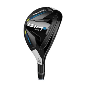 TaylorMade SIM2 Max Rescue hybrid golf club, black head with blue and yellow accents, number 3 loft marking visible