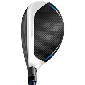 TaylorMade golf hybrid club head, black textured face with white crown and blue accent stripe on graphite shaft