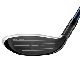 Close-up of a black golf fairway wood clubface showing grooved hitting surface and blue hosel, isolated on white background