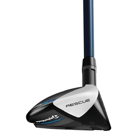 TaylorMade Rescue Club in black and silver with blue shaft, face-on view showing loft angle and branded crown detail