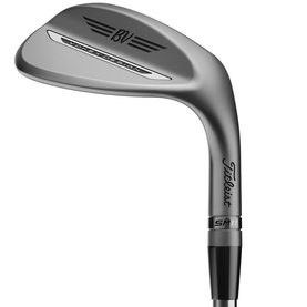 Titleist SM9 golf wedge in brushed steel finish, shown in profile highlighting grooved club face and black shaft.
