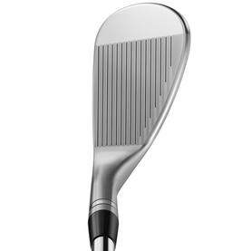 Titleist golf wedge in silver chrome finish, showing milled face grooves and tapered hosel, rear view