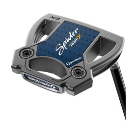 TaylorMade Spider Tour X putter in grey and blue, mallet head design with alignment sight, black hosel and graphite shaft