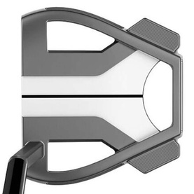 TaylorMade golf putter in dark gunmetal and silver finish, mallet-style head with white alignment strip, shown from face-on angle