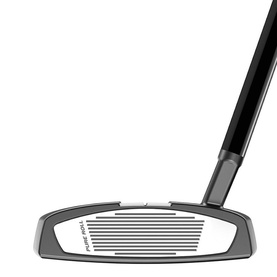 TaylorMade putter shown face-on, silver clubhead with horizontal grooves and black hosel, multi-toned finish