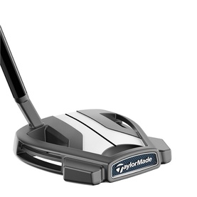TaylorMade putter in dark grey and white with blue brand badge, mallet-style head and black hosel, front-facing view